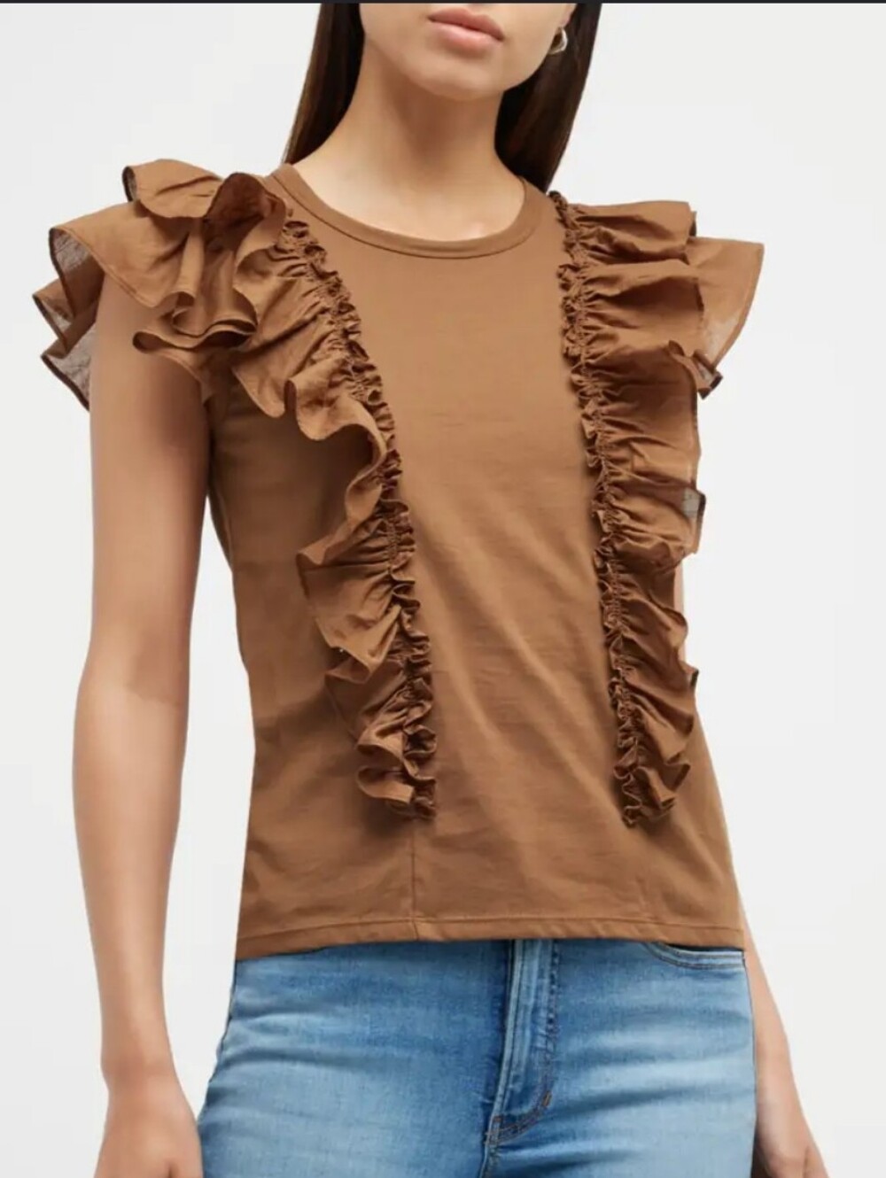 Veronica Beard Brown Bardot Cotton Ruffle Tee Size SMALL